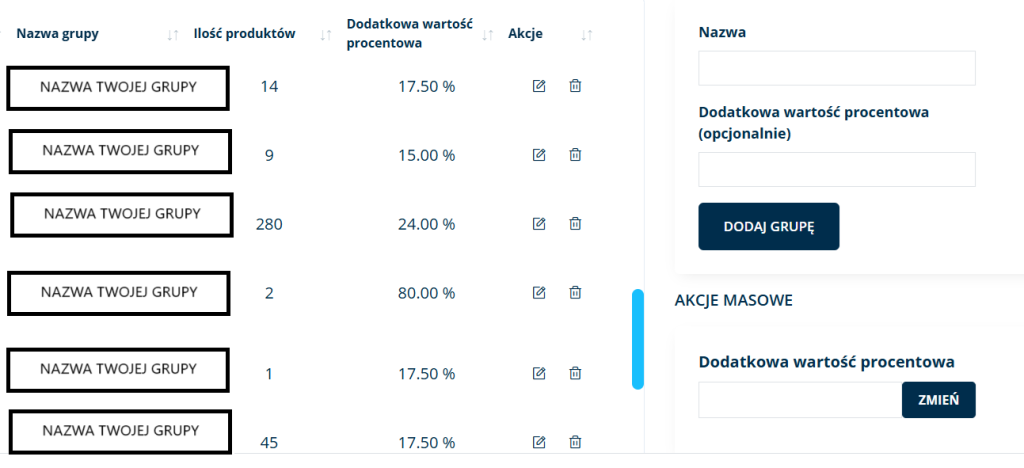 LivePrice pozwala na nadawanie oczekiwanej marży dla wybranych grup produktów.