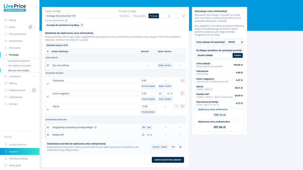 Panel LivePrice prezentujący konfigurację cen minimalnych i maksymalnych oraz ich znaczenie w kontekście popytu i podaży.