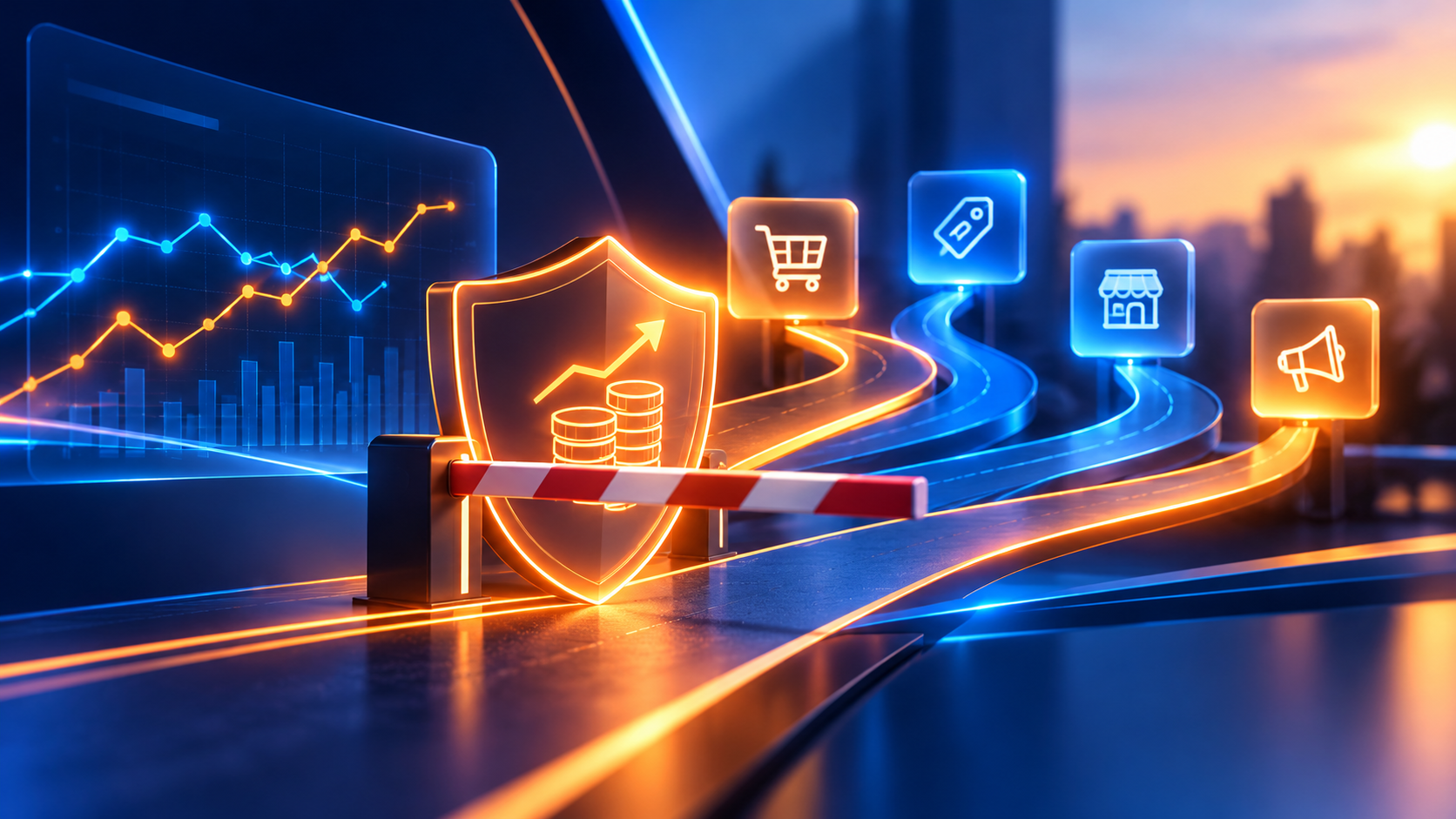 Cena minimalna w e-commerce – neonowa grafika przedstawiająca ochronę marży, wykresy cenowe i kontrolę cen w różnych kanałach sprzedaży.
